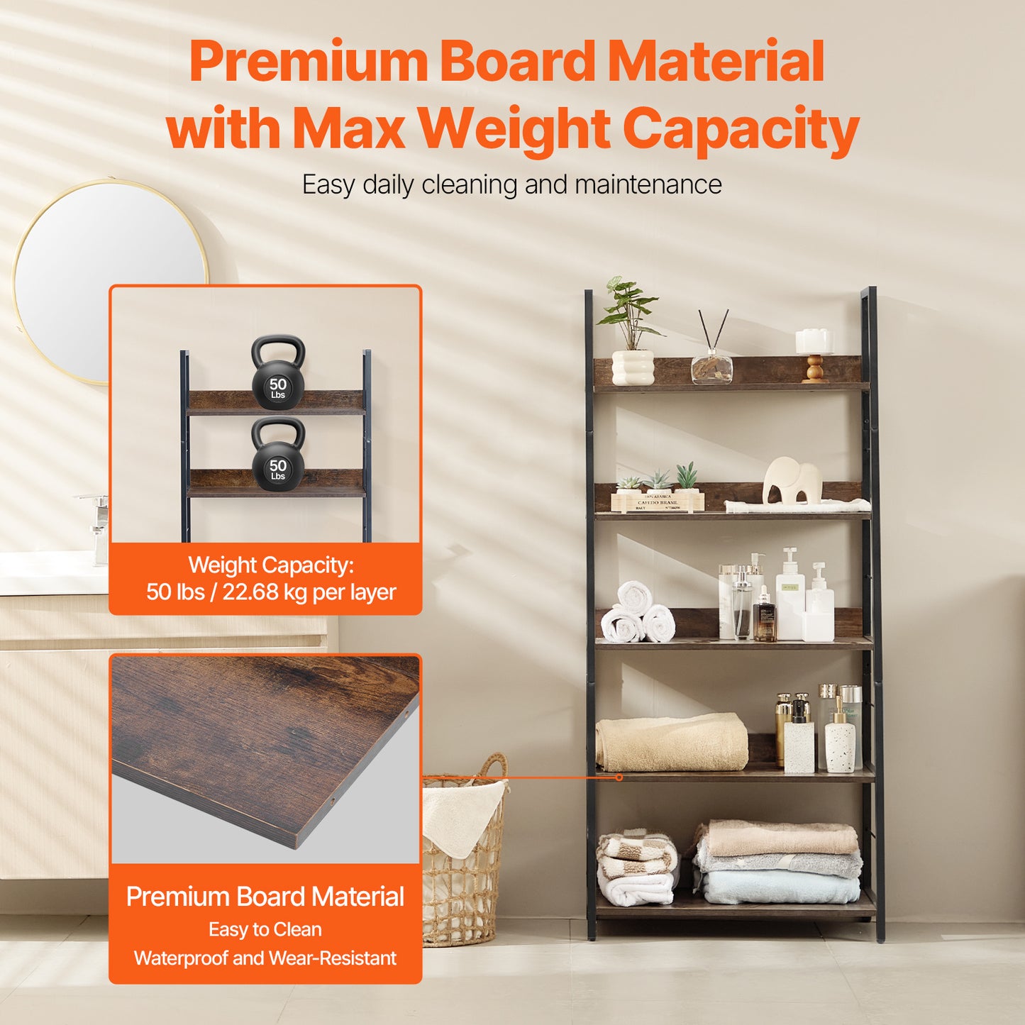 Metalen Boekenplank – Boekenkast – Plankenrek – Opbergkast – Display Rek – 5 Lagen – Stabiel Metalen Frame – Krasbestendige Bruine Afwerking