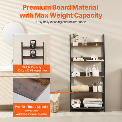 Metalen Boekenplank – Boekenkast – Plankenrek – Opbergkast – Display Rek – 5 Lagen – Stabiel Metalen Frame – Krasbestendige Bruine Afwerking