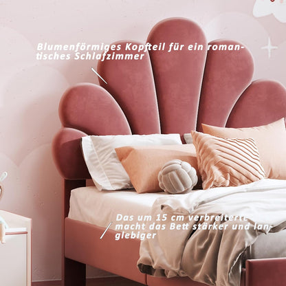 Gestoffeerd Bed – Eenpersoonsbed – Slaapbank – Houten Bedframe – Bed 90x200 Cm – Fluwelen Bloemblad Hoofdeinde – Stevige MDF Constructie – Comfortabele Velvet Bekleding Roze