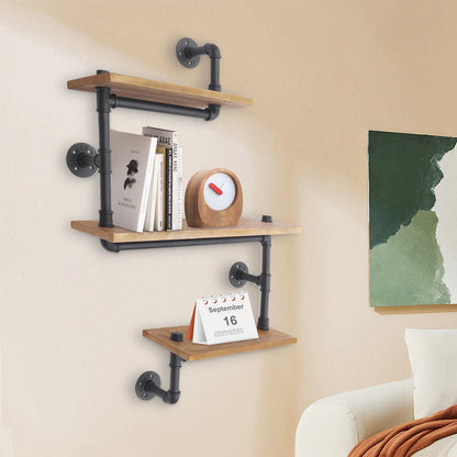 3-laags Wandrek – Muurrek – Plank – Wandplank – Opbergrek – Zwart Bruin Dennehout en Staal – Stevige Constructie en Ruime Opbergruimte