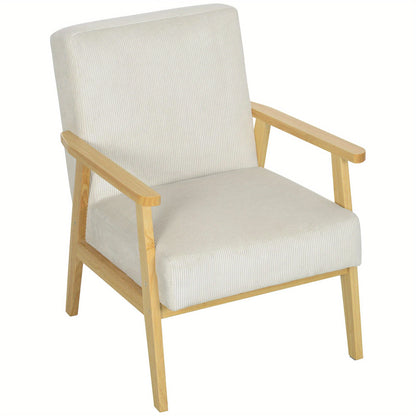 Fauteuil – Lounge Stoel – Armstoel – Relaxstoel – Leunstoel – Crèmewit Met Houten Poten – Fluweelachtige Cordstof – Zitkussen 16 Cm Dikte