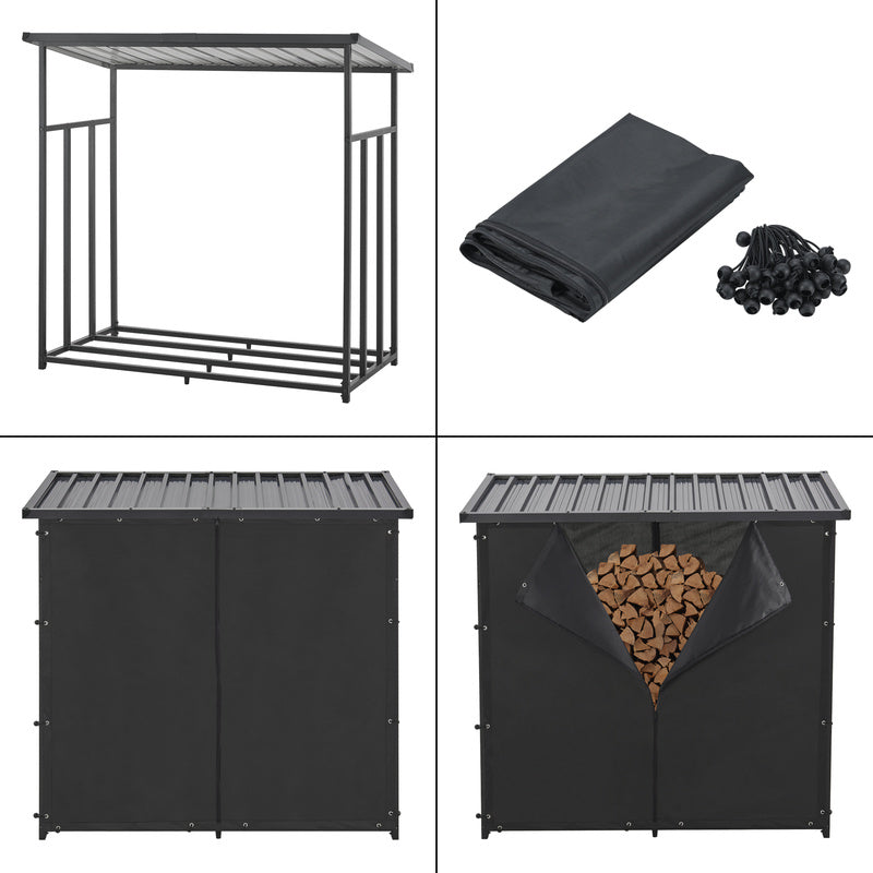 Houtopslag Buiten – Houtrek Buiten – Brandhoutopslag – Houtberging – Open Haard Houtdrager – Waterdichte Cover – Gegalvaniseerd Stalen Frame – 185x180x70 cm