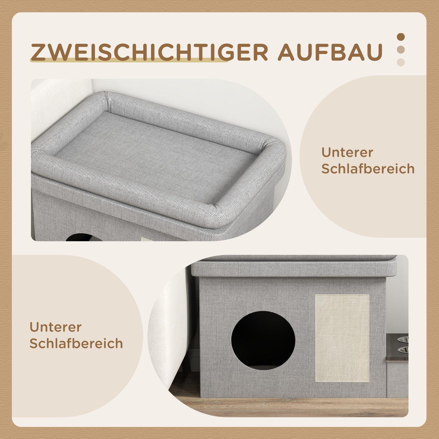 Kattenhuis – Kattenmand – Kattenhut – Kattenverblijf – Speelhuis Kat – Grijs – Verhoogde Voerplek Met 2 Roestvrijstalen Bakjes – Inclusief Sisal Krabmat En Zacht Kussen