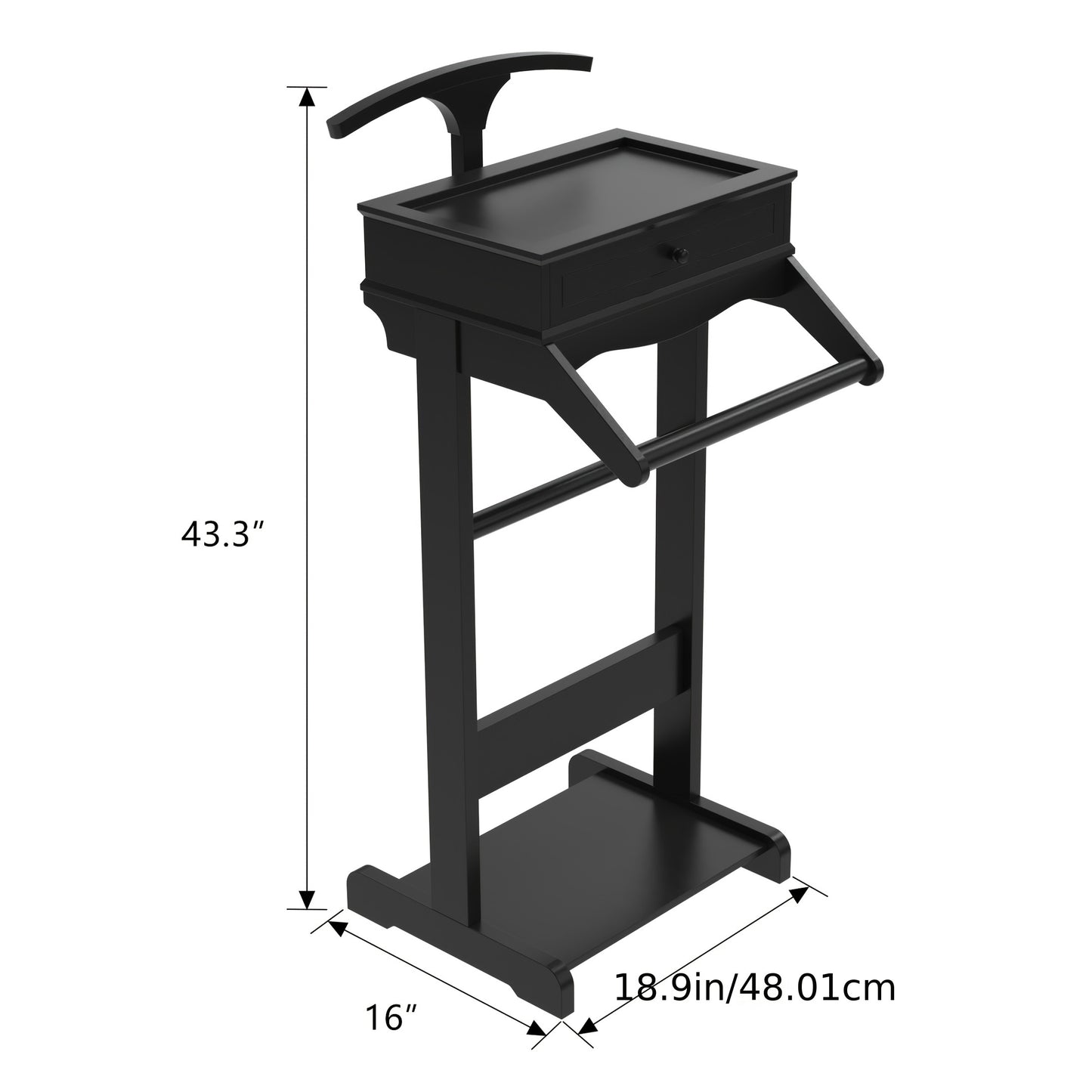 Houten Valet Stand – Kledingrek – Garderoberek – Kleerhanger – Jasstandaard – Zwart Hardhout – Compact Met Plank En Haken