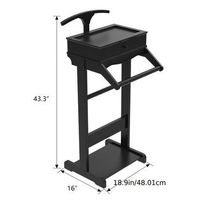 Houten Valet Stand – Kledingrek – Garderoberek – Kleerhanger – Jasstandaard – Zwart Hardhout – Compact Met Plank En Haken
