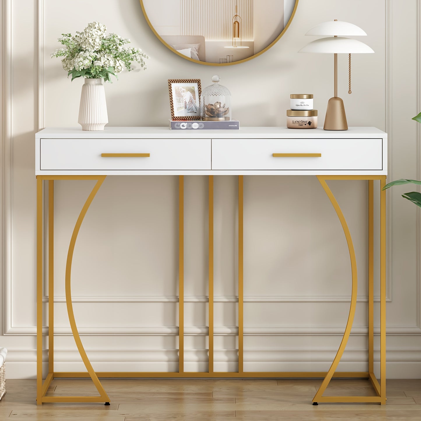 Modern White & Golden Console Table with 2 Drawers - Contemporary Metal Frame, 120x38x76cm, Elegant Side Table for Hallway or Living Room, Easy Assembly, No Power Needed, Living Room Furniture, Sleek Design, Sturdy Constructi