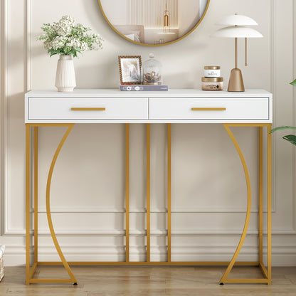 Modern White & Golden Console Table with 2 Drawers - Contemporary Metal Frame, 120x38x76cm, Elegant Side Table for Hallway or Living Room, Easy Assembly, No Power Needed, Living Room Furniture, Sleek Design, Sturdy Constructi