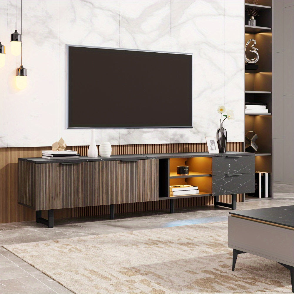 TV-kast – Meubel – Entertainmentkast – Woonkamerkast – TV-meubel – 200 cm – Zwart Marmer – Donker Houtnerf – 2 Deuren – 2 Lades