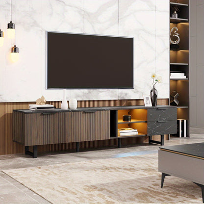 TV-kast – Meubel – Entertainmentkast – Woonkamerkast – TV-meubel – 200 cm – Zwart Marmer – Donker Houtnerf – 2 Deuren – 2 Lades