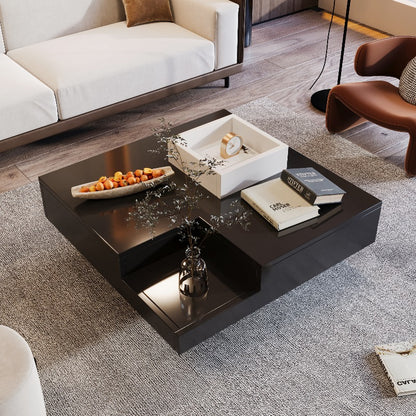 Salontafel – Koffietafel – Tafel – Woonkamertafel – Hoogglans Tafel – Verwijderbare Opbergbox – Ingebouwde Verlichting – 72x72x30 cm – Zwart/Wit