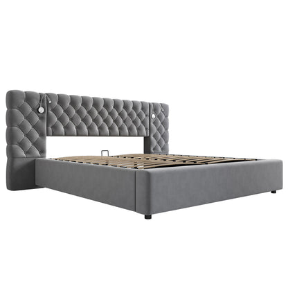 Bedkasten – Nachtkastje – Bijzettafel – Ladekast – Opbergkast – Tweepersoonsbed 160x200 cm – Hydraulisch Liftsysteem – Ruime Opbergruimte – Modern Grijs
