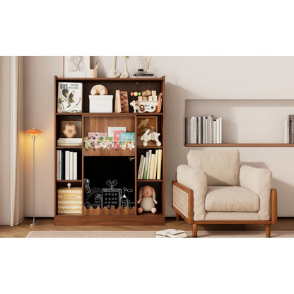 Boekenkast – Boekenrek – Opbergkast – Stellingkast – Vakkenkast – Metalen Boekenkast Retro Bruin – Krijtbord Schuifdeuren – 100 kg Draagkracht – 9 Vakken – Kant-en-klaar – Smal Verticaal Design