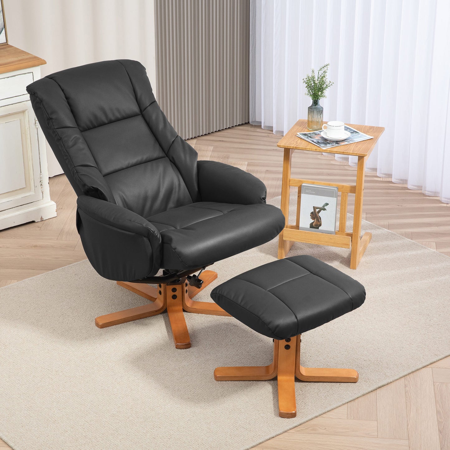 Relaxstoel – Fauteuil – Schommelstoel – Loungestoel – TV-stoel – Verstelbare rugleuning tot 135° – Schommel- en poeffunctie met kunstleren bekleding en houten frame