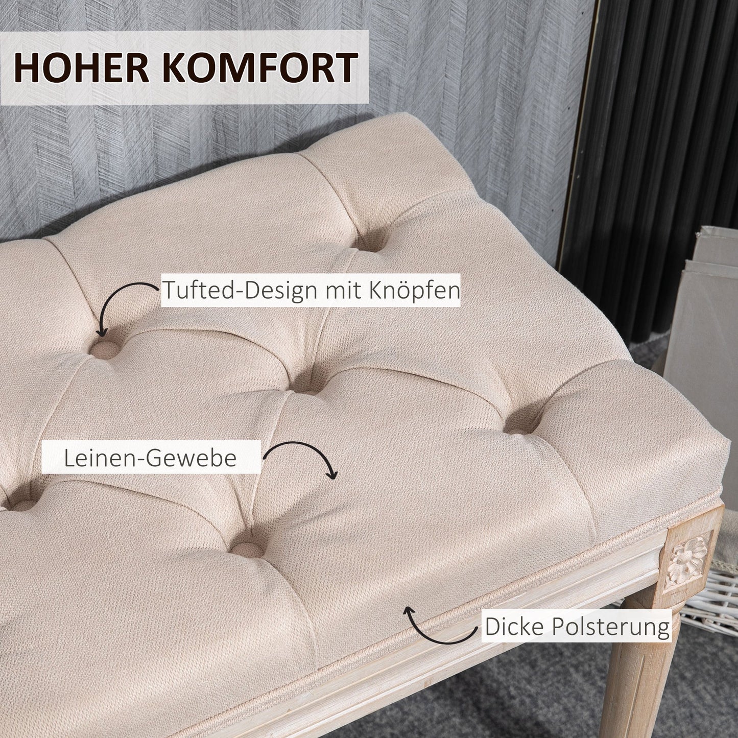 Vintage design bankje – zitbank – tuinbankje – krukje – halbankje – crèmekleur – button-tufted zitvlak – gedraaide houten poten