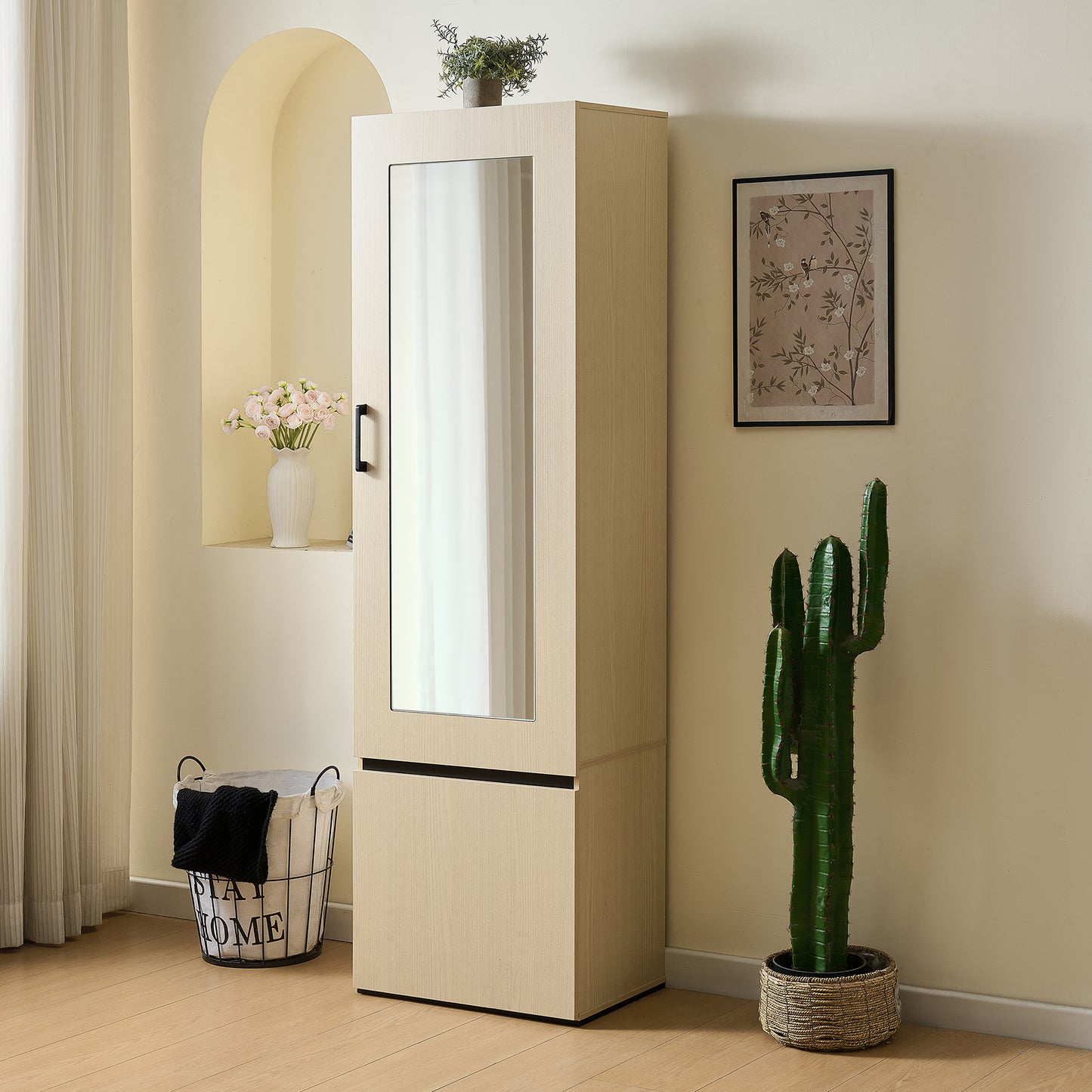 BTM Slim Wardrobe Cabinet with Mirror Door and Extendable Clothes Rail, High Cabinet in Wood Look with Shelves and Folding Compartment, Modern Hallway Cabinet for Entryway, Bedroom, Apartment, 54×34.5×179.5 cm