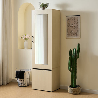 BTM Slim Wardrobe Cabinet with Mirror Door and Extendable Clothes Rail, High Cabinet in Wood Look with Shelves and Folding Compartment, Modern Hallway Cabinet for Entryway, Bedroom, Apartment, 54×34.5×179.5 cm