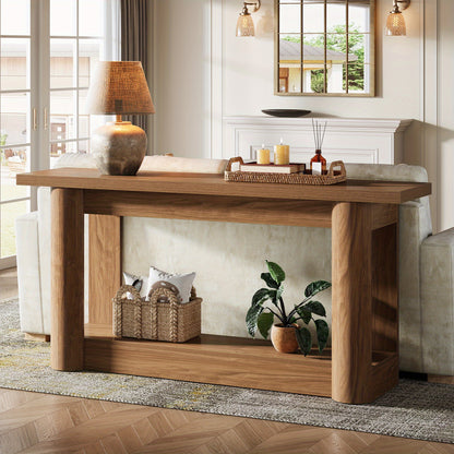 Console Tafel – Sofa Tafel – Sidetable – Haltafel – Accenttafel – 160 cm – U-Vormige Grijze Basis – Vintage Brown & Gray – Houten 2-Lagen – Landelijk Design