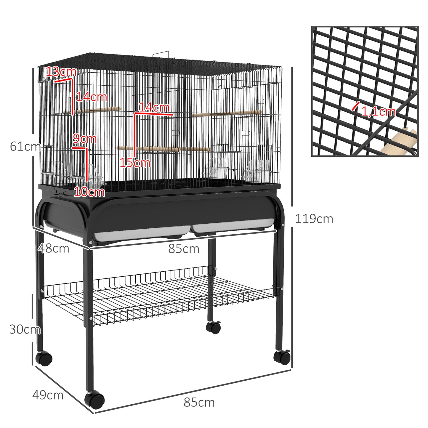 Vogelpindekorf – Vogelkooi – Vogelkast – Vogelkooi Met Standaard – Volière – Groot Formaat 85x49x119 cm – Duurzaam Stalen Frame – Inclusief Wieltjes Voor Verplaatsing