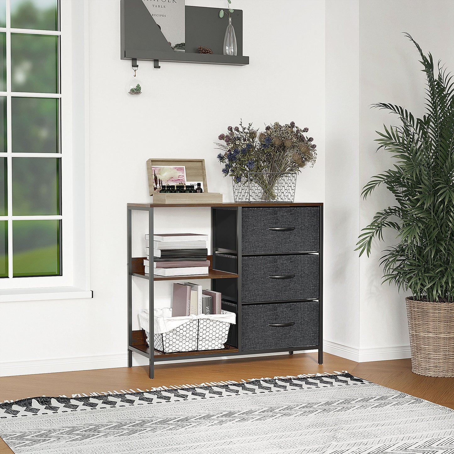 Opbergkast – Opbergmeubel – Kast Met Lades – Opbergbox – Opbergdoos – Rustic Brown Dark Grey – Metalen Frame – 3 Stoffen Lades