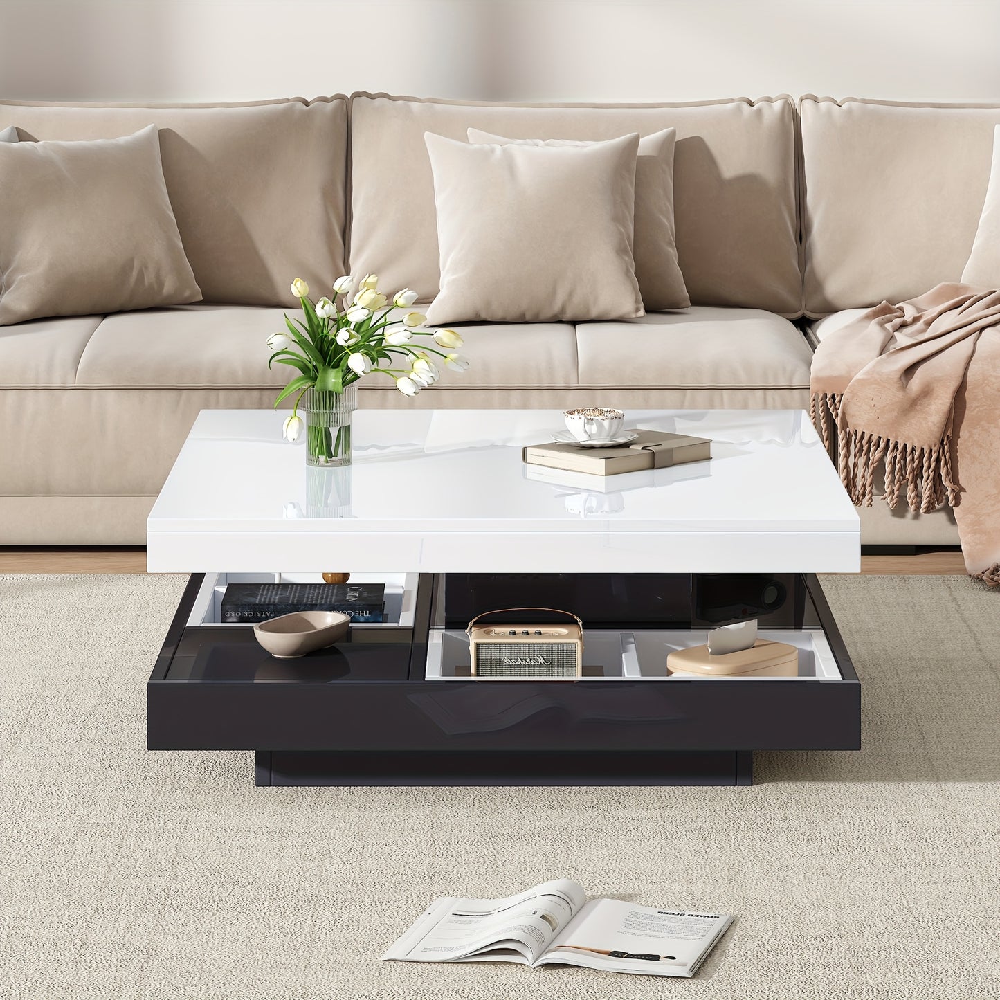 Salontafel – Woonkamertafel – Koffietafel – Bijzettafel – Draaibare Tafel – Hoogglans Wit – Zwart Frame – 360° Draaibaar – 2-Niveaus Opbergruimte 70x70x36 cm