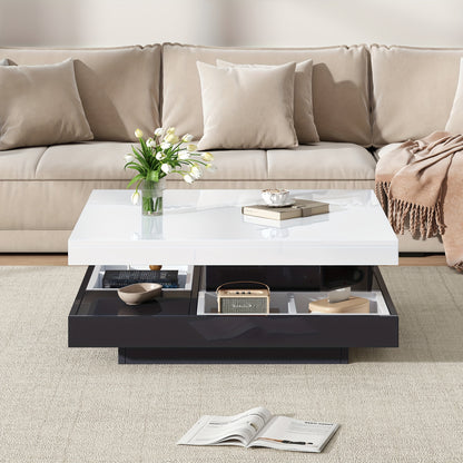 Salontafel – Woonkamertafel – Koffietafel – Bijzettafel – Draaibare Tafel – Hoogglans Wit – Zwart Frame – 360° Draaibaar – 2-Niveaus Opbergruimte 70x70x36 cm