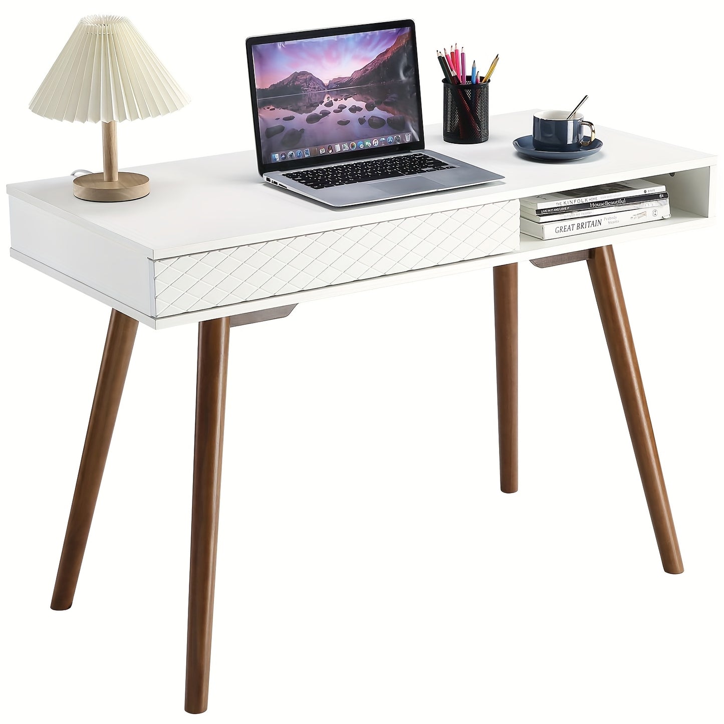Bureau – Computertafel – Werkplek – Schrijftafel – Bureaumeubel – Modern Minimalistisch – Wit Metaal – Lade & Open Opbergruimte – 106,7 x 68,6 cm – Compact Ruimtebesparend Ontwerp - Wit