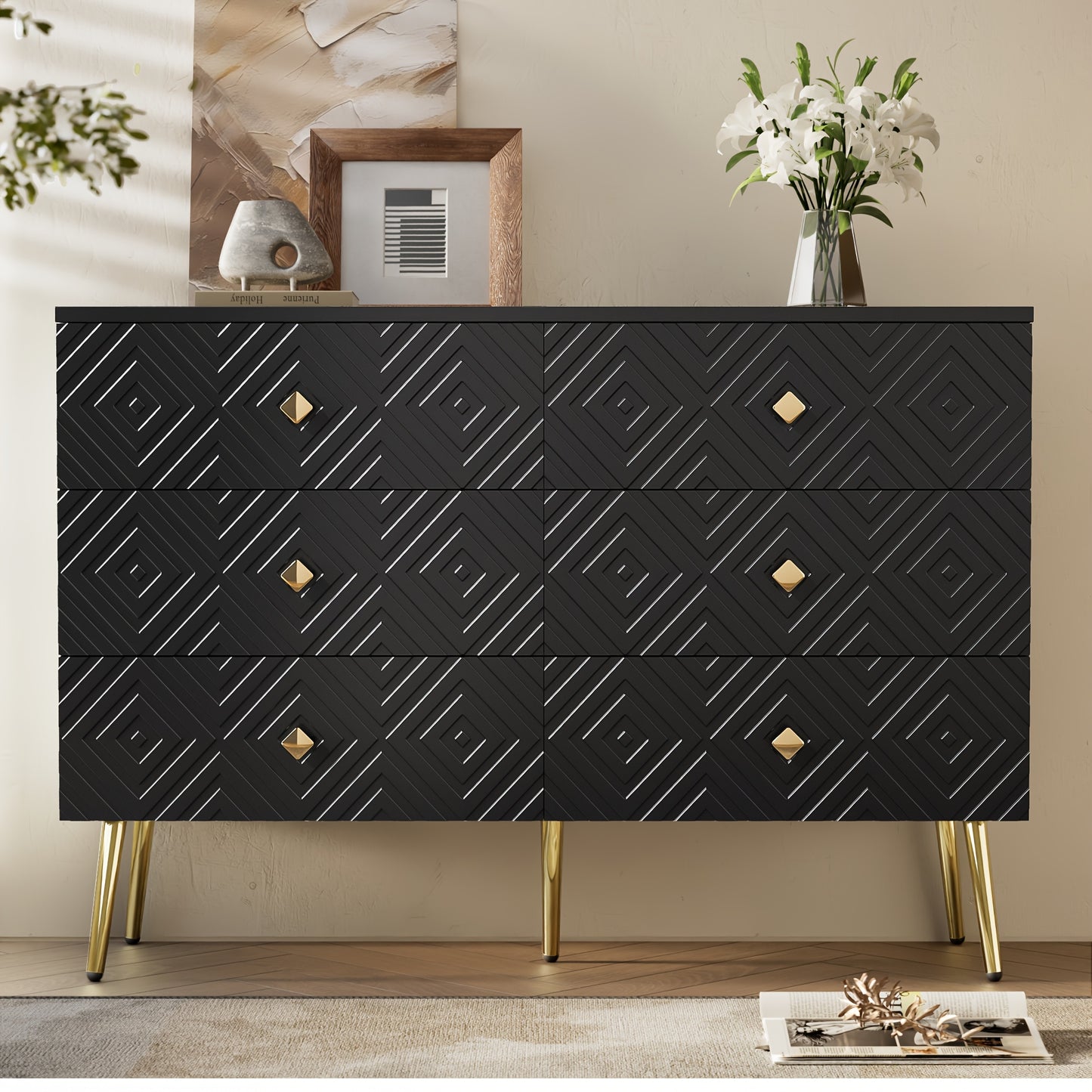 Ladekast – Ladenkast – Commode – Opbergkast – Dressoir – Zes Lades – Modern Ontwerp – 120x40x80 cm – Zwart Met Gouden Accenten – Metalen Poten – Stevig & Duurzaam