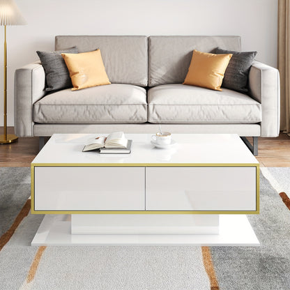 Salontafel – Woonkamertafel – Bijzettafel – Koffietafel – Tafeltje – Hoogglans Wit – Gouden Accenten – 3 Lades Met Open Vakken