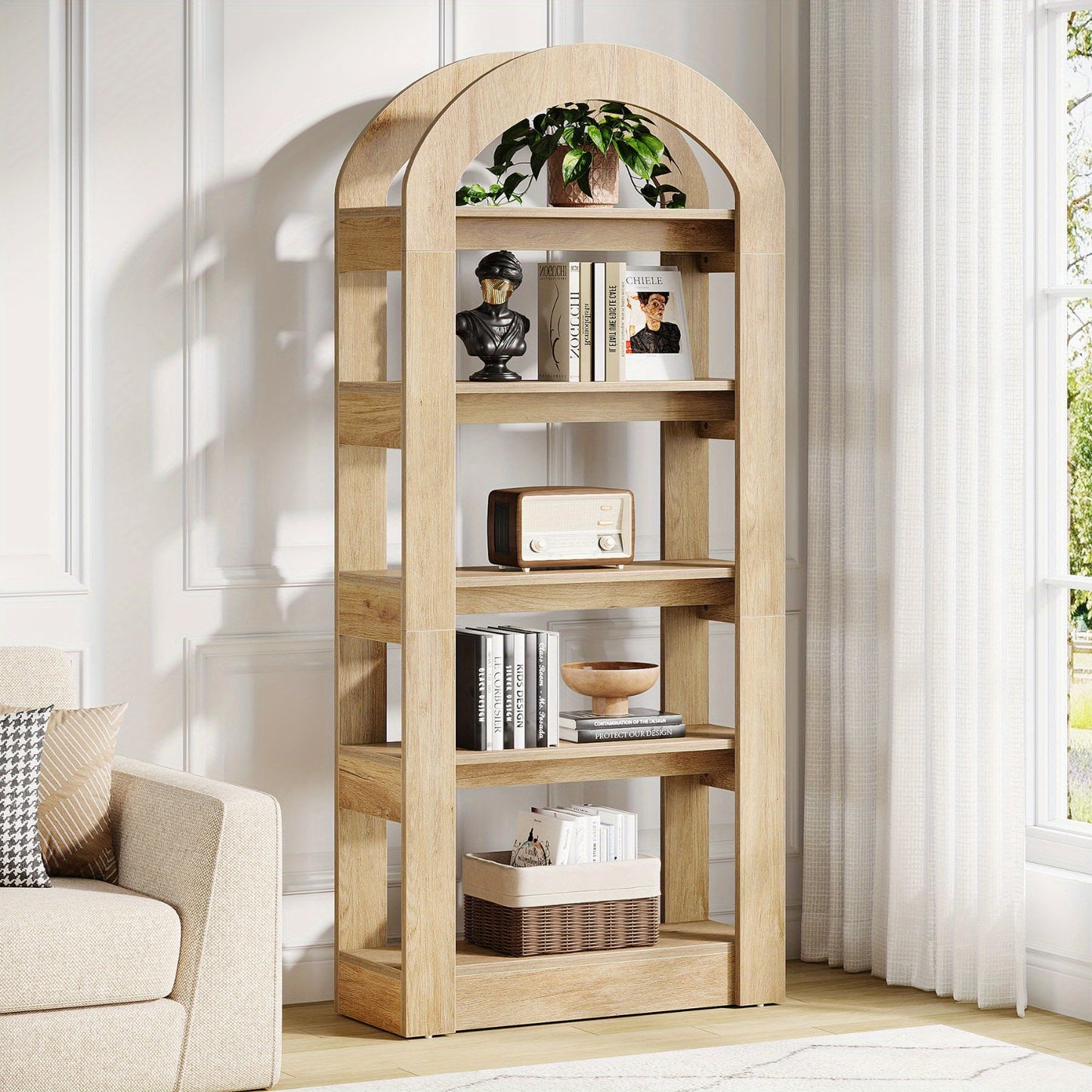 Boekenkast – Boekenrek – Opbergkast – Wandkast – Vakkenkast – Hoogstaand – Boogvormig Ontwerp – Hout & MDF – 5 Planken – Teak Kleur – Ruimtebesparend – 22,5 kg Draagvermogen per Plank