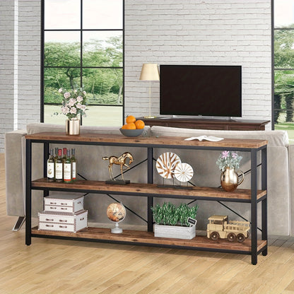 Sofa Tafel – Sidetable – Console Tafel – Opbergtafel – Haltafel – Rustiek Bruin – Extra Lang 180 cm – Metalen X-Frame – 3 Laags Opbergruimte – Verstelbare Voetjes