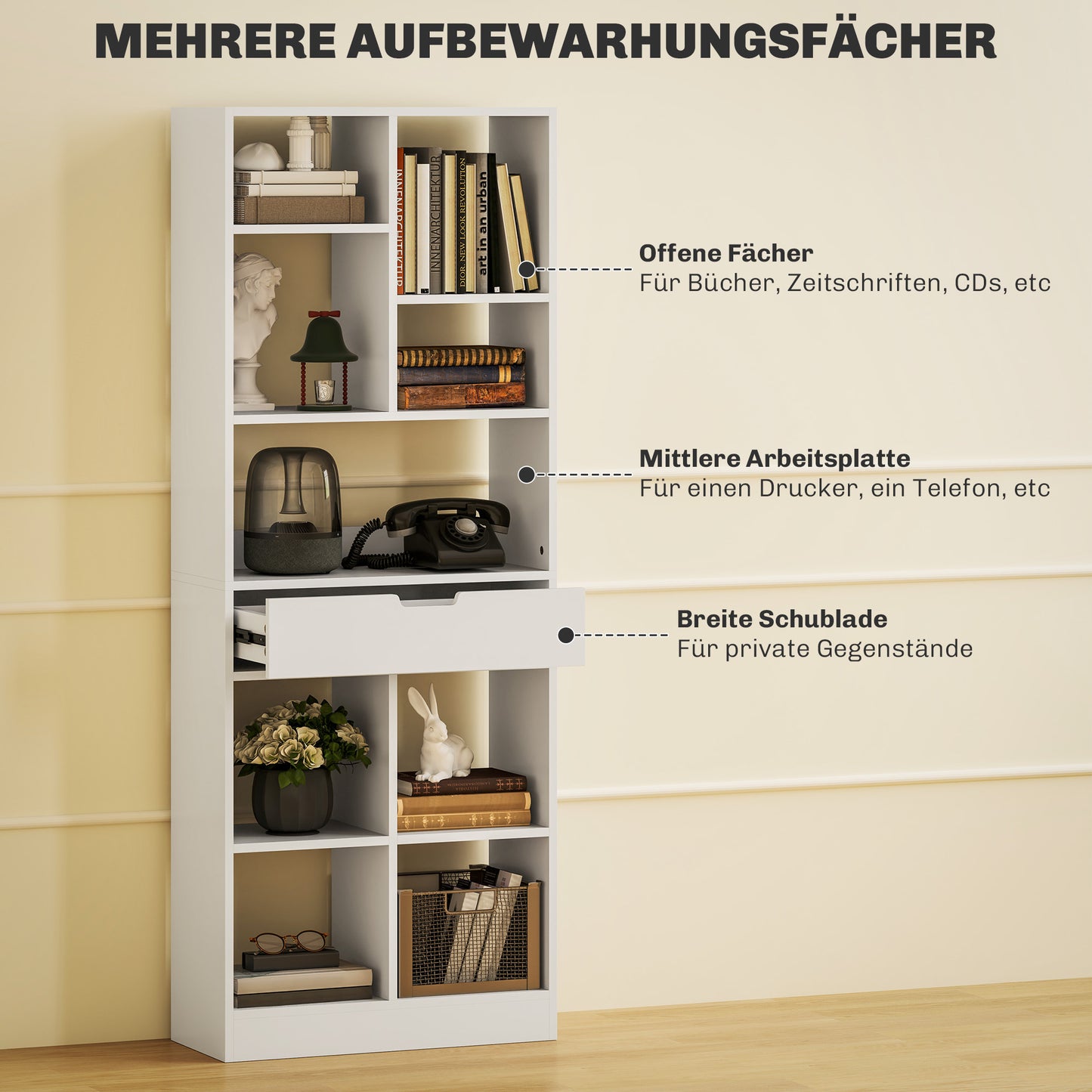 Boekenkast – Boekrek – Opbergkast – Plank – Wandkast – Wit – 9 Vakken – Kantelbeveiliging – Compact 60x26x158 cm
