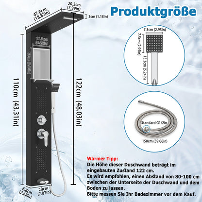 Douchepaneel – Douchekolom – Regendouche – Douchepaneel met Handdouche – Shower Panel Zwart – 5 Modi – Roestvrij Staal – Compact 20x47,8x122 cm