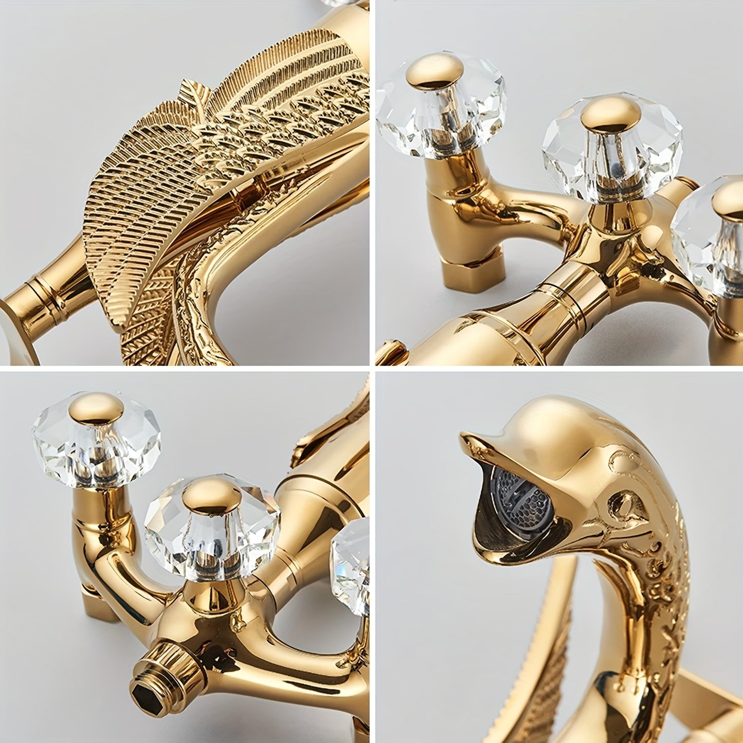 Gouden Badkraanset – Badkamerkraan – Mengkraan – Wandkraan – Douchekraan – Luxe Zwanen Design – Messing Met Kristallen Handvat – Inclusief Handdouche