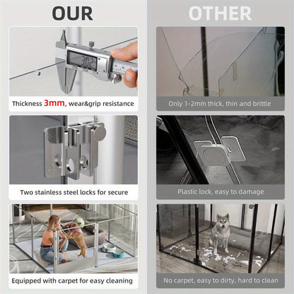 Acrylic Hondenren – Dierenren – Puppyren – Binnenren – Kattenren – Transparant Speelren 120x120x61cm – Waterdichte Onderlegger – Veilige Lock Deur