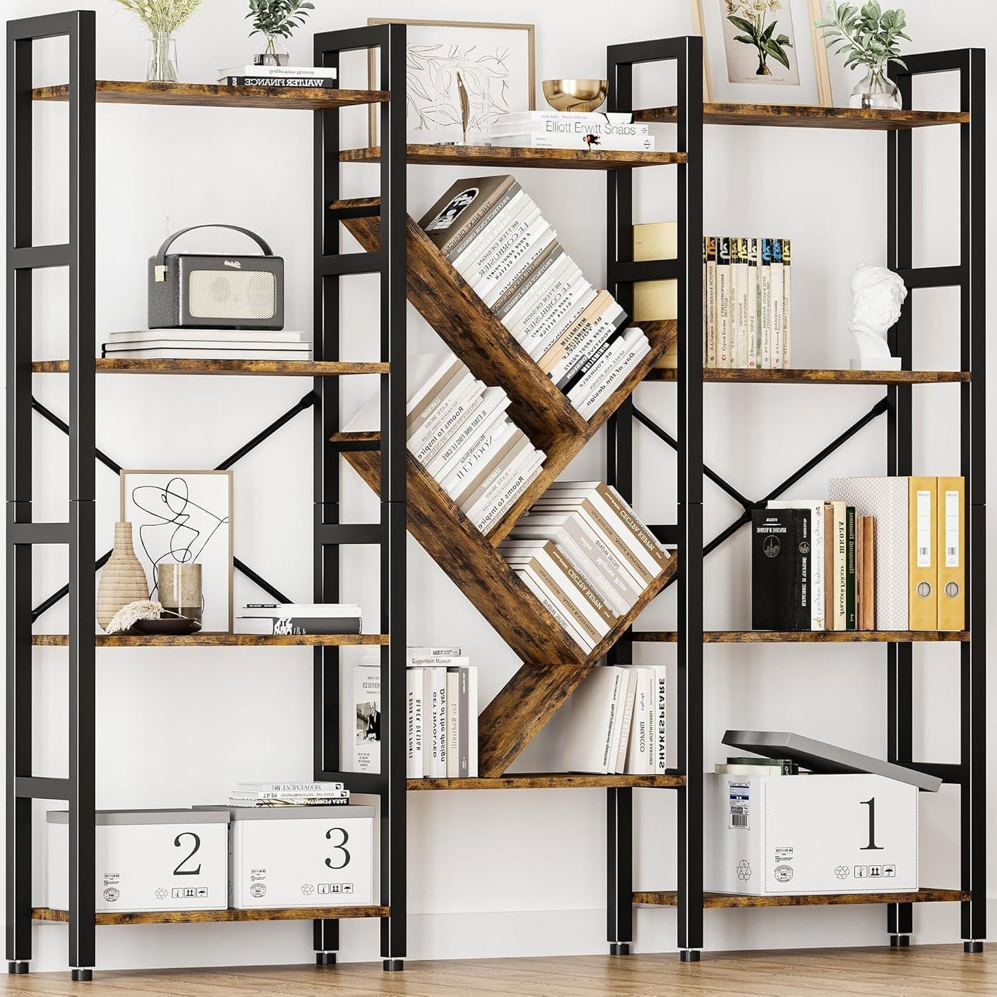 Large Modern 4-Tier Bookshelf with Display Shelf - Heavy-Duty & Metal Frame Bookcase, Freestanding Tall Shelf Unit Suitable for Living Room, Bedroom, Home Office - Assembly, Space-Saving Furniture