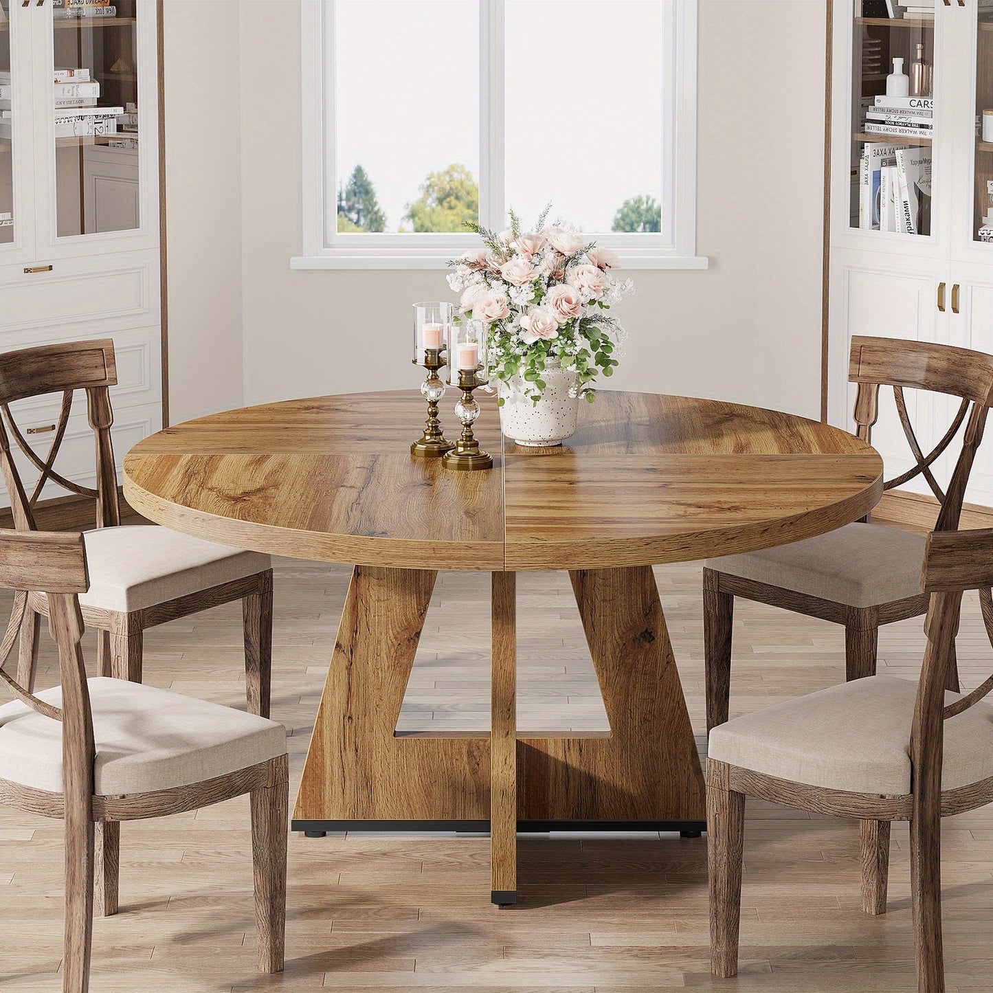 Ronde Eettafel – Houten Tafel – Keukentafel – Draaibare Tafel – Landelijke Tafel – Ruimtebesparend Design – Stevig Kruisvormig Onderstel – Diameter 120 cm – Burlywood Hout