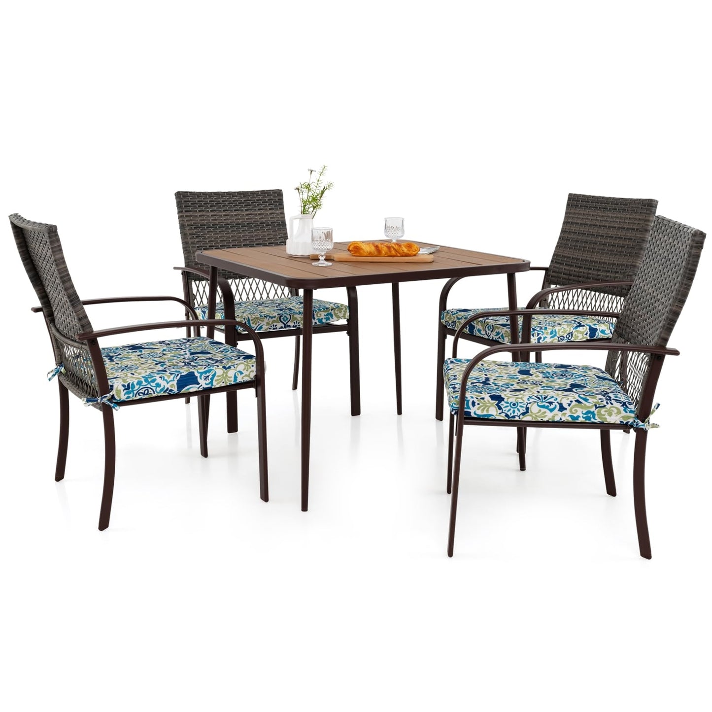 Polyrattan Tuinset – Tuinmeubelset – Loungeset – Terrasmeubels – Bistroset – WPC Tafelblad met Parasolgat – Met 4 Comfortabele Stoelkussens