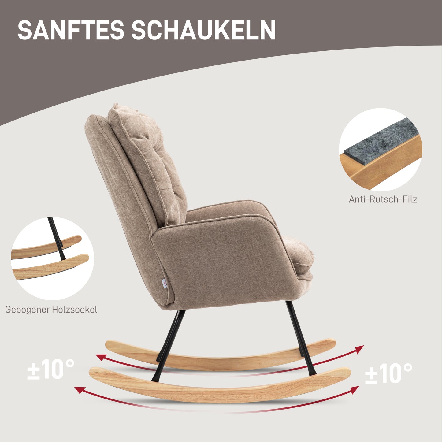Schommelstoel – Rocking Chair – Relaxstoel – Schommelzetel – Hangstoel – Beukenhout Frame – Extra Breed Zitvlak – Hoge Rugleuning – Bruin – Tot 120 kg Belastbaar