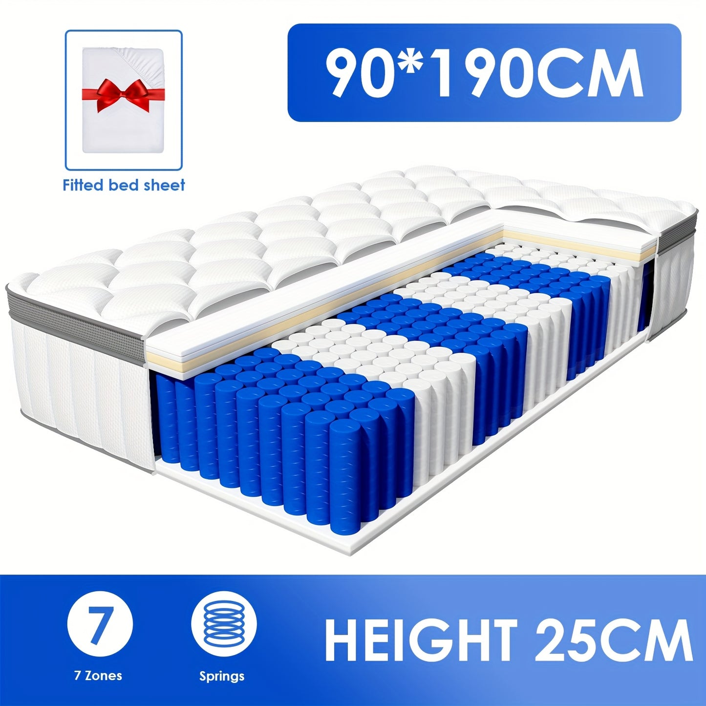 Authmic Mattress with 7-zone Firmness Levels H2 And H3, Individually Pocketed Spring Mattress with Memory Foam, Breathable And Ergonomically Designed Spring Core Mattress.