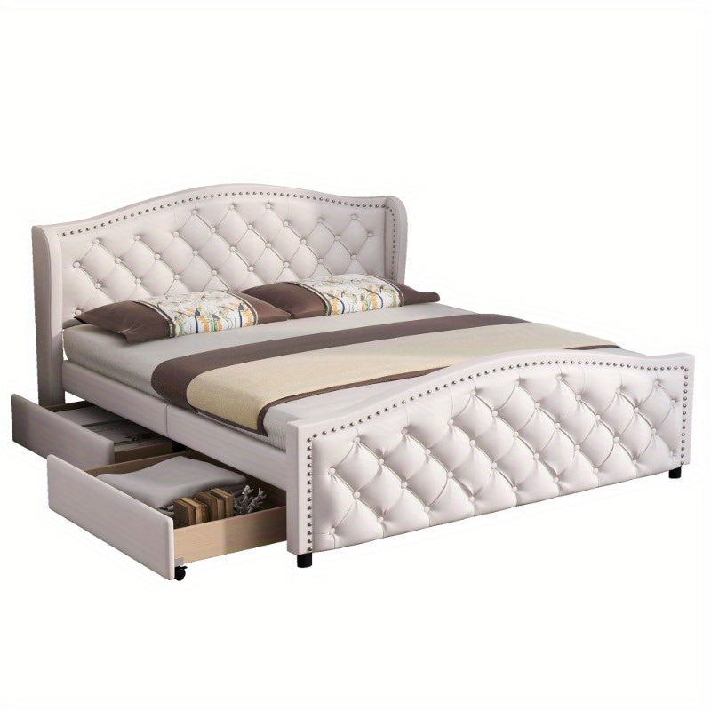 Polsterbett 140x200 cm – Gestoffeerd Bed – Tweepersoonsbed – Slaapbank – Guestbed – Met Metalen Frame – Tufted Hoofdbord – 2 Opberglades – Comfortabel & Stijlvol