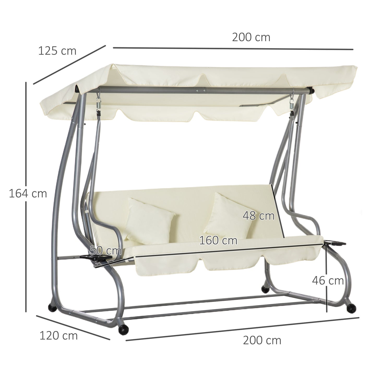 Tuinbank Schommelbank Balkonbank Buitenbank Tuinmeubel – 3-Zits – Gepoedercoat Staal – Verstelbaar Polyester Dak – Inclusief Zijtafels met Bekerhouders – 200x120x164 cm – Beige