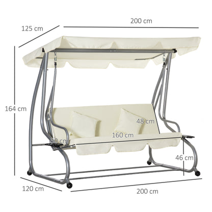 Tuinbank Schommelbank Balkonbank Buitenbank Tuinmeubel – 3-Zits – Gepoedercoat Staal – Verstelbaar Polyester Dak – Inclusief Zijtafels met Bekerhouders – 200x120x164 cm – Beige
