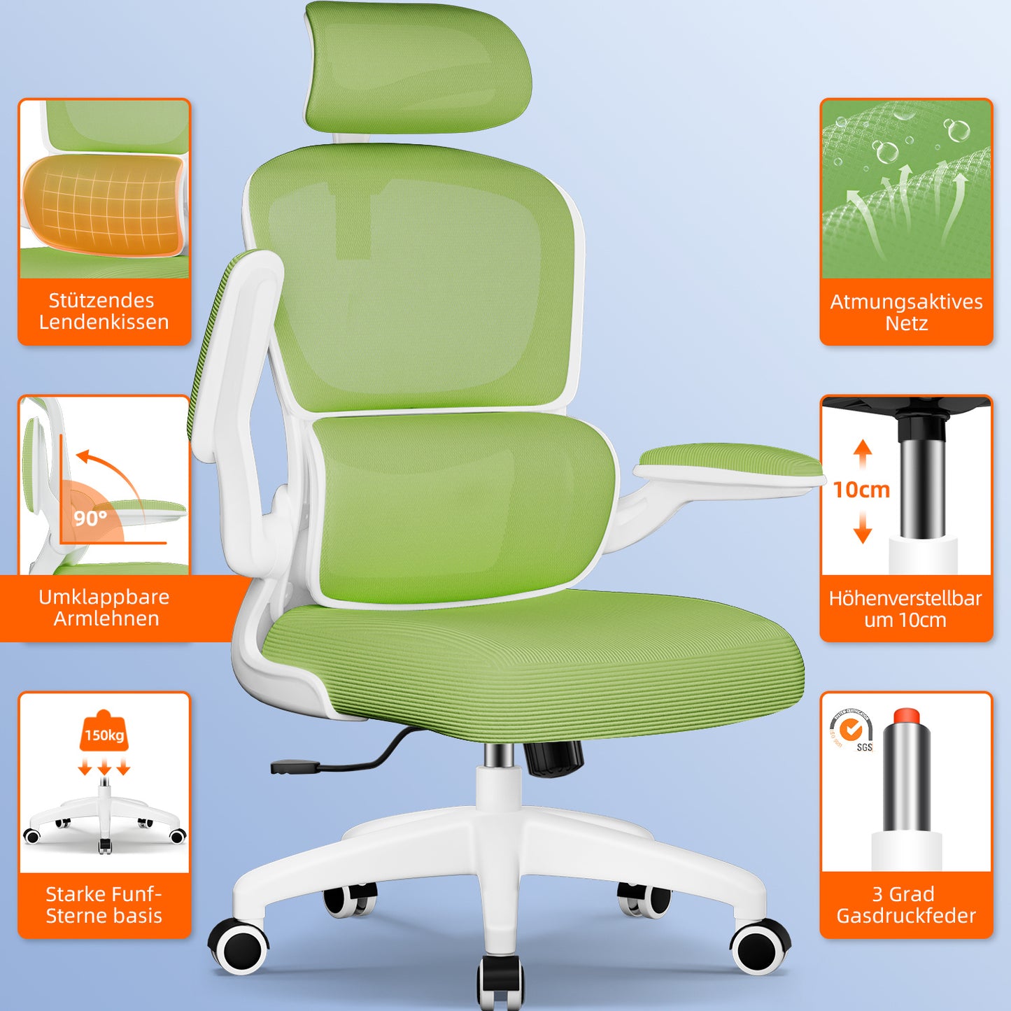 Office Chair with Adjustable Headrest, Armrests, and Lumbar Support, Load Capacity up to 150 kg