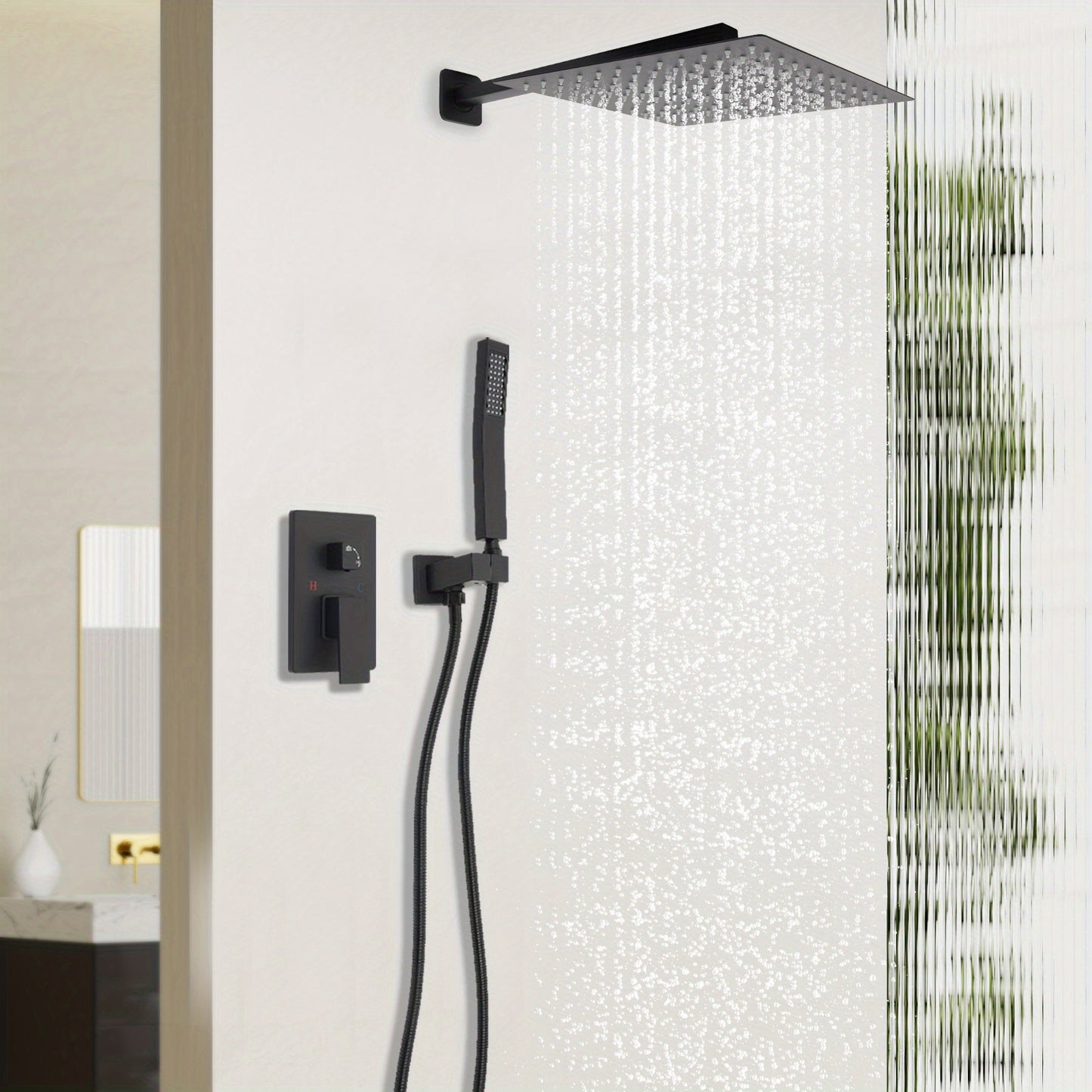 Regendouche – Regenval Douche – Doucheset – Douchekop – Douchekolom – Mat Zwart – 30 cm Hoofddouche – RVS en Messing