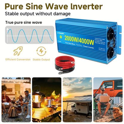 Pure Sine Wave Omvormer – Stroomomzetter – Car Inverter – 12V DC naar 220V AC – Mobiele Spanningsomvormer – 4000W Continu Vermogen – LCD Display