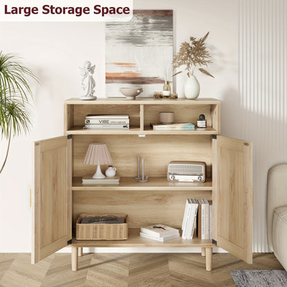 Dressoir – Opbergkast – Buffetkast – Sideboard – Dressoirkast – Rattan Deuren – Massief Houten Poten – 80x92x40 cm – 2 Open Planken