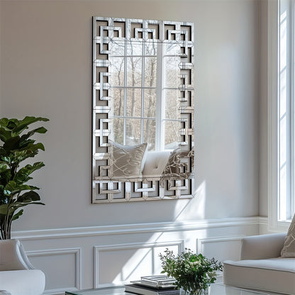 Decoratieve Wandspiegel – Muurspiegel – Kamer Spiegel – Landelijke Spiegel – Venster Spiegel – 100x70 cm – Bevelelde Rand – Zilveren Grecian Design