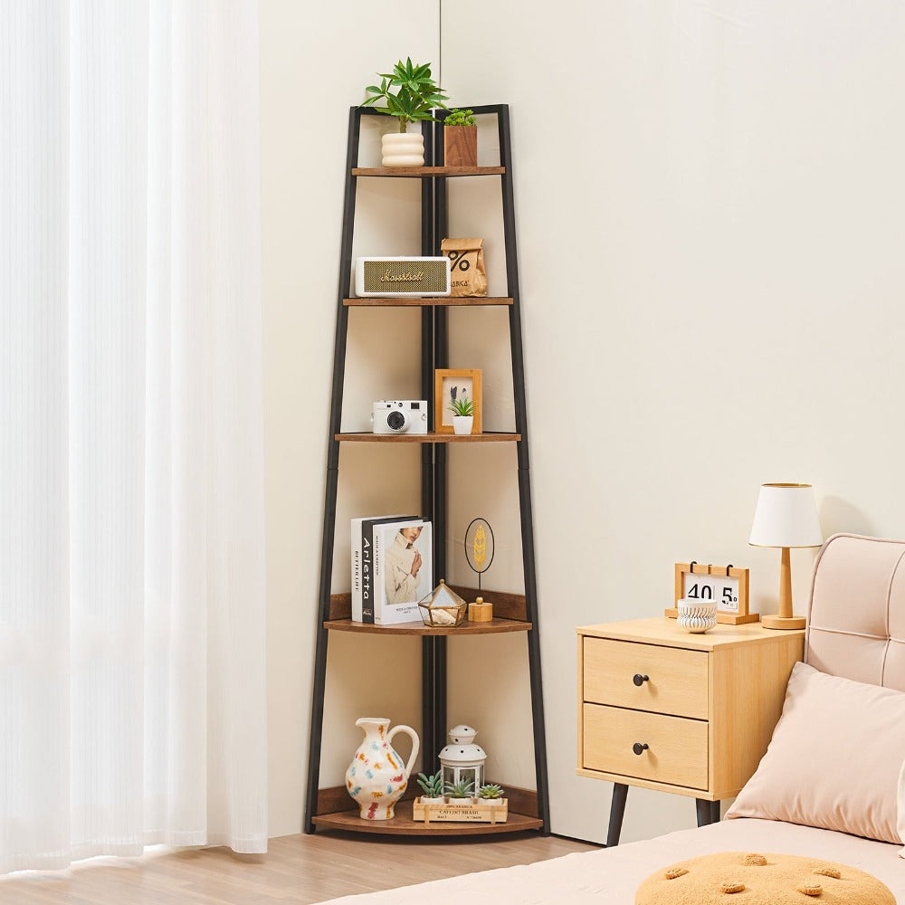 5-laagse Hoekplank – Hoekrek – Hoekboekenkast – Plantentafel – Vloerplank – Vrijstaand Design – Duurzaam Hout Bruin
