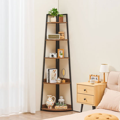 5-laagse Hoekplank – Hoekrek – Hoekboekenkast – Plantentafel – Vloerplank – Vrijstaand Design – Duurzaam Hout Bruin