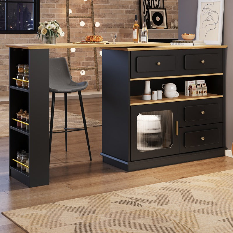Bartafel – Statafel – Barmeubel – Keukentafel – Eettafel – Uitschuifbaar 125-181 cm – 360° Draaibaar – Metaal & MDF – Met Opbergruimte – Zwart – Voor Horeca & Thuis